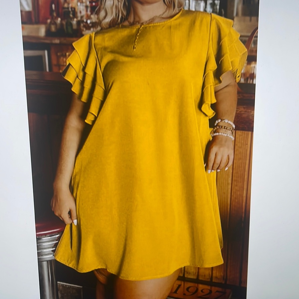 Gold Mustard Yellow Mini Dress Tiered Sleeve Plus Size 1X